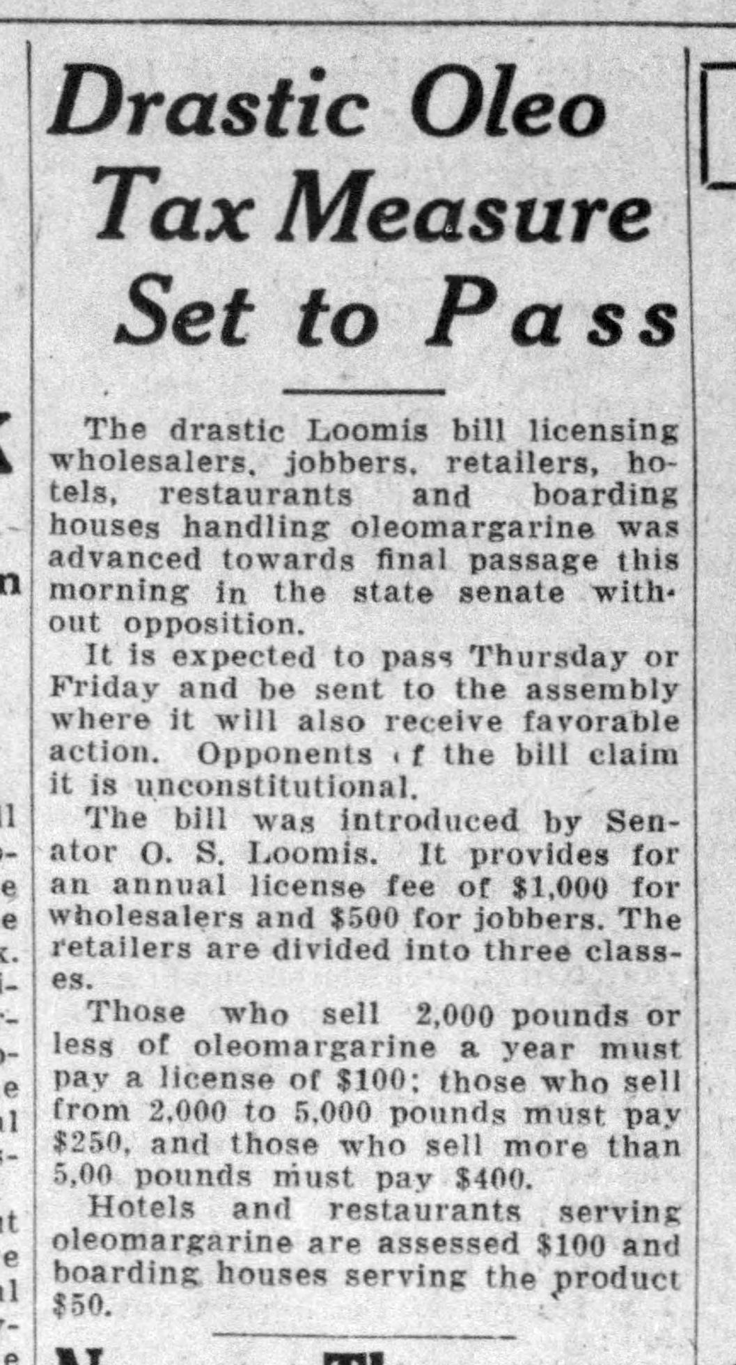 Feb. 25, 1931: Drastic Oleo Tax Measure Set to Pass